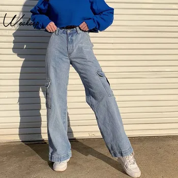 Weekeep Buzunare Mozaic Talie Inalta Blugi Femei Streetwear Drept Jean Femme Albastru Bumbac Pantaloni De Marfă