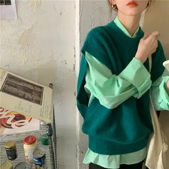 Toamna Stabilește Femei Retro BF Stil Chic de zi cu Zi Simplu Harajuku Adolescenti Utilaje de Bază Tricouri Vintage Liber Moale fără Mâneci Tricotaje