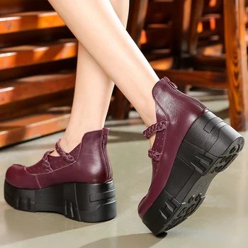 GKTINOO Nou de Toamna din Piele Femei Pantofi cu Toc inalt, Rotund Toe Fermoar Piele naturala Pompe de Femei Pană Pantofi Platforma