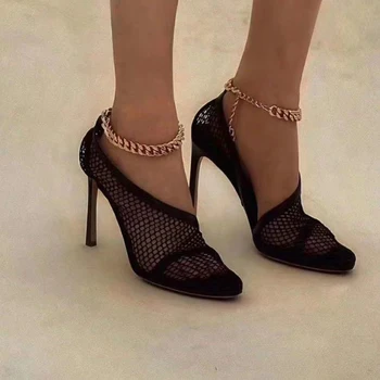 Femei Sexy Sandale Gol De Aer Ochiurilor De Plasă Pantofi Cu Tocuri Subtiri De Mare Lanț De Design Alunecare Pe Petrecere Pompe De Sandale De Moda Dantelă Pantofi Elegante