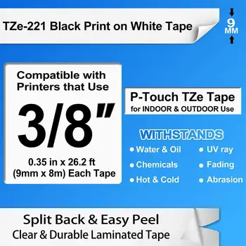 5 BUC/Lot 9 mm*8m Tze 221 Tze221 Negru pe Alb Laminat Compatibile P touch 9mm tze-221 Eticheta Bandă Cartuș tz221 tze-221