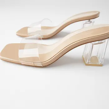 Sandale de vara de Pantofi Papuci de casă 2020 Casual Solid de pantofi High Heels pentru Femei Toamna PVC Dimensiune 35-40 De Deget de la picior Pătrat de 5-8cm de Cauciuc Nud