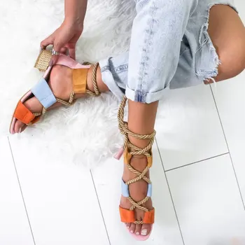 2019 Mare Dimensiune 43 De Femei Sandale Din Dantela-Up Piața Low Tocuri Pantofi De Vara Sandale Gladiator Culoare Mixt De Cânepă Frânghie Casual Pantofi Pentru Femei