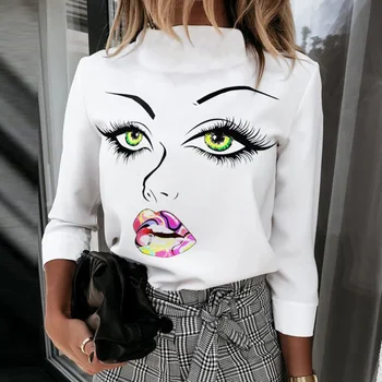 Elegant Nou Buzele de Imprimare bluza tricouri Femei 2020 Moda Toamna Sta Gât Pulovere topuri Doamnelor Casual cu Maneci Lungi Buton Blusa