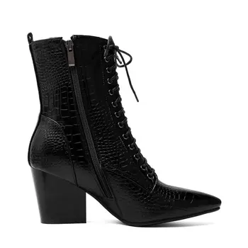 QUTAA 2020 PU Piele de Moda a Subliniat Toe Toamna Iarna Femei Pantofi Pătrat cu Toc Dantelă-Up de închidere cu Fermoar Glezna Cizme de Dimensiuni Mari 34-43