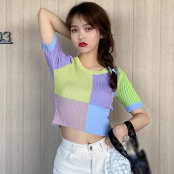 Femei Tricotate Tricou de Vara cu Maneci Scurte Dulce Colorat Stil coreean Slim Fit O-gât Tee Doamnelor