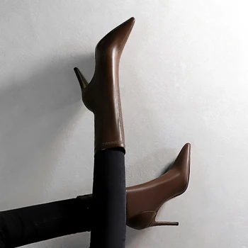 Moda de iarnă Cizme Pantofi Femei Cizme cu Toc din Piele de la Jumătatea vițel Toc Subțire Sexy cu Toc Înalt, a Subliniat Negru Maro Cizme pentru Femei