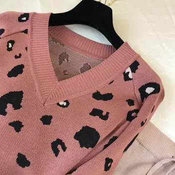 2020 Nouă Primăvară Femei Tricotate Treninguri 2 Seturi De Piese Pentru Femei Costum De V Gât Leopard Pulover Pulover + Tricotate Pantaloni De Creion Se Potriveste