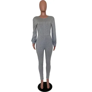 Un Umăr Streetwear Bodycon Salopeta pentru Femei cu Fermoar Frontală Mânecă Lungă Lanternă de Ansamblu Casual, Skinny Slim-O singură Bucată Salopetă