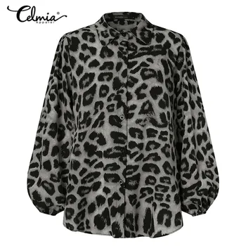 Celmia Femei Bluze 2021 Moda Lantern Maneca Office-Eleganta, Camasi Casual Rever Liber Leopard Print Tunic Top Petrecere Blusas