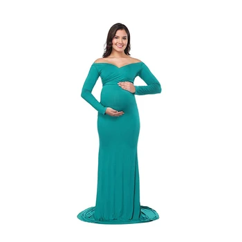 Toamna Maternitate Elegant Dotate Rochie gravide sedinta foto îmbrăcăminte Lungă Maneca V Gat Ruched Slim Fit Maxi gravide rochie lunga D20