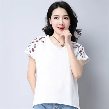 Femei Cu Maneci Scurte O-Gat Lenjerie De Pat Din Bumbac T-Shirt De Vară 2020 Noua Moda De Sex Feminin Broderie Tricouri Casual Doamnă Subțire Vrac Topuri