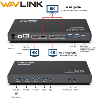 Wavlink C USB Universal pentru Stația de Andocare Dual 4K HDMI si DP USB Power Delivery Cu Gigabit RJ45 5K@60Hz Afișaj pentru Ferestre Mac OS