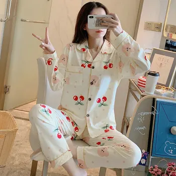 CAIIYIER Roz Dragoste Print pentru Femei îmbrăcăminte de noapte Costum de Iarnă de Turn-down Gât Tricou + Pantaloni de Pijamale de sex Feminin Pyjama Set coreean Homewear