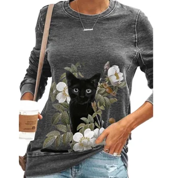 Casual Pisica Neagra Print Flori T-shirt pentru Femei Toamna Pierde O-Neck Maneca Lunga Top Fashion Street Doamnelor Plus Dimensiune Teuri S-3XL
