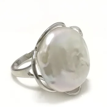 8# Aur Alb Umplut de 20-22mm Alb Natural Femeile Plat Reglabil Baroc Pearl Ring
