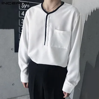 INCERUN Moda Barbati Casual Camasa Stil coreean V Gât Mozaic Maneca Lunga Butonul Bluza Streetwear Chic Subțire Camisas Hombre