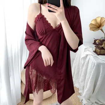 Sexy Perspectivă 2PCS Set pentru Dormit Femei, Kimono-Halat de baie Halat de Pijamale din Satin Cămașă de noapte cu Dantelă Lenjerie Intima Matasoasa Haine de Acasă