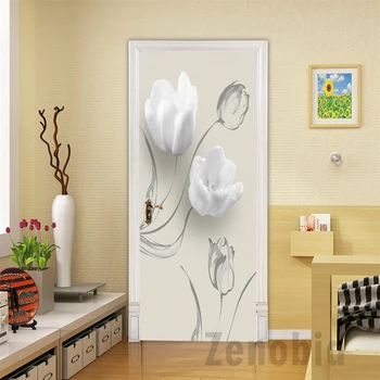 Alb Elegant Flori 3d Ușa Autocolant rezistent la apa HD Modular de Imprimare PVC autoadezive Murală Tapet Decoratiuni Home Design
