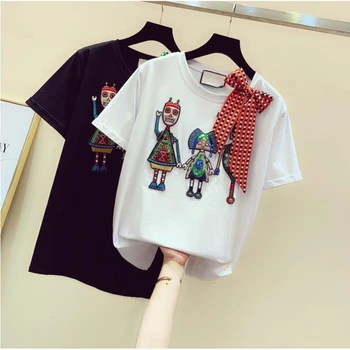 Broderie paiete desene animate cu maneci scurte t shirt pentru femei o-arc de gât tricou femeie din bumbac tricou vrac 2020 topuri de vara