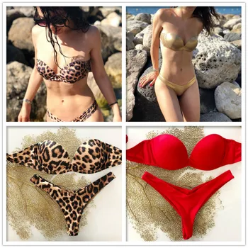 Stil de Moda Fierbinte Sutien Bikini Set costum de Baie Femei Bandaj Push-up Leopard Triunghi Costume de baie