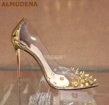 ALMUDENA de Aur Tocuri Clar PVC Nituri Pompe Subliniat Toe Împânzit Mozaic Pantofi de Nunta de Aur, Argint 12cm 10cm Rochie Pompe de Pantofi