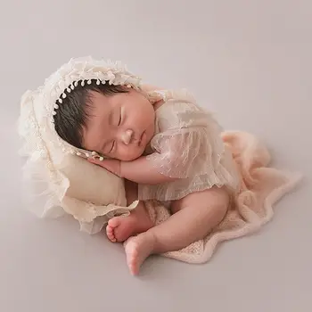 2 buc Nou-născut Recuzită Fotografie Costum Lace Romper Pălărie Tricot Set Haine Îmbrăcăminte P31B
