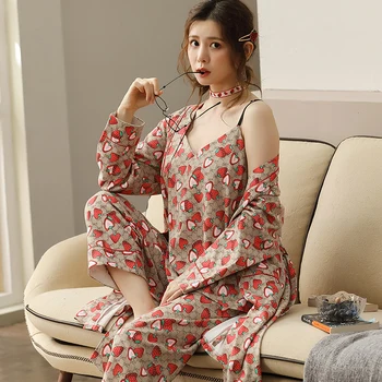 BZEL Femei Halat Seturi cămașă de noapte Sling Pantaloni Lungi 3PCS Imprimare Pijama Mujer Pijamale de Bumbac de Înaltă Calitate Pijamale Pijamale Elegante