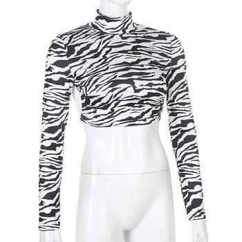 Sweetown Model Zebra Sexy Backless Rave Tinuta T Shirt Pentru Femei Maneca Lunga Camasa Guler Femme 2020 Toamna Streetwear