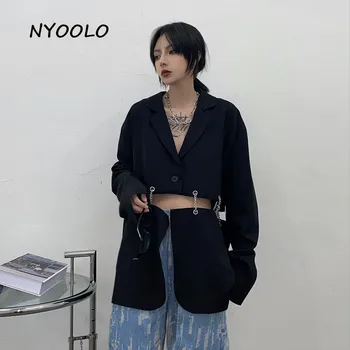 NYOOLO Noutate design lanț de fier mozaic fals 2 piese maneca lunga blazer jacheta femei Harajuku strada Singur Buton de îmbrăcăminte exterioară
