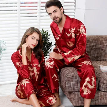 Familia Cuplu de Mătase Satin Pijamale Pijama Set Maneca Lunga, Pijamale Pijama, Pijamale pentru Femei Costum Și Om Somn 2PC Set Body