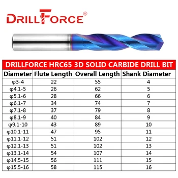 Drillforce 1 BUC 3mm-16mm HRC65 Carbură Solidă burghie, Interior Prin intermediul lichidului de Răcire Gaura 3D Nano Blue Spiral Flute poftă de mâncare CNC Burghiu