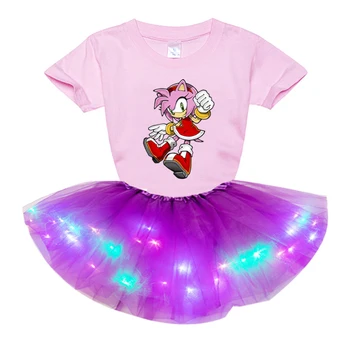 Fete pentru copii Haine Seturi de 2 buc Copii Sonic Ariciul Amy Tricou Maneca Scurta Printesa de Lumină LED-Rochie Tutu+Tricou de Moda