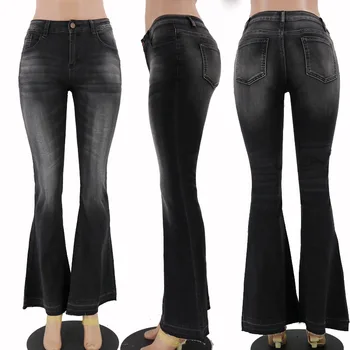Femei, Plus Dimensiune Bordurare Jeans Moda De Primăvară Scăzut Talie Slab Bell Jos Blugi Femei Vintage Largi Picior Pantaloni Din Denim Streetwear