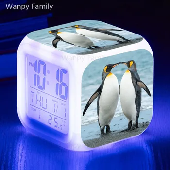 Pinguini drăguț ceas deșteptător stralucitoare cu termometru CONDUS schimbare de culoare digitale ceas deșteptător cameră copii multifuncțional Ceas Electronic