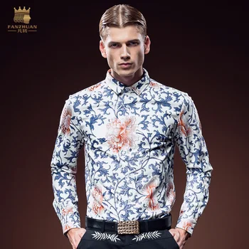 FANZHUAN Transport Gratuit Noua moda casual sex masculin pentru bărbați om 2016 tricouri banchet Florale Imprimate cu Mâneci Lungi Tricou 612088 la vanzare
