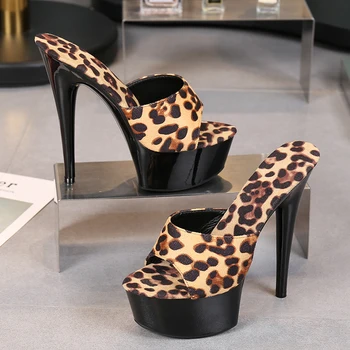 Voesnees Club de noapte pentru femei Pantofi Sexy cu toc, Papuci de Leopard de Imprimare Doamnelor Pantofi Negru Fund Gros de 15 cm Toc Bine