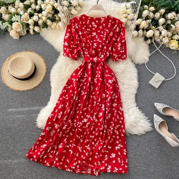 2020 Roșu coreeană elegant Rochie sexy femei de Vara Toamna V-neck polka dot rochie midi cu talie split rochie vestidos de fiesta haine