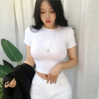 Vara Bază Tricou Femei 2021 Elasticitatea T-Shirt Stil Coreean Maneci Scurte Haine Slim Tricou Femei Tricou Femme Culturilor Sus