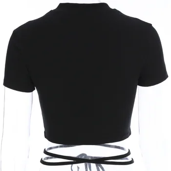 Bandaj Tricou Maneca Scurta Pentru Femei Talie Cross Wrap Top 2020 Negru Rotund Gat Cultură Tricouri Femei Chic De Vară Slim Fit T-Shirt