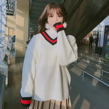 Coreeană Stil Dulce Pulovere Largi Femei Drăguț V-Gât cu Dungi de Culoare Lovit Pulovere Student Harajuku Bază Tricotate Jumper pentru Femei