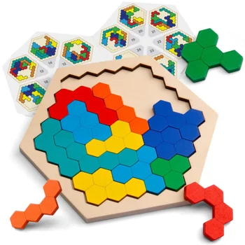 Lemn Hexagon Puzzle Colorat Fagure de miere Joc Tangram Jucarie Set Masa IQ-ul Joc Jucarii Educative pentru Copii