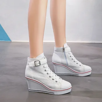 Noul Designer coreean Femei Pană Panza Pantofi ochiurilor de Plasă Respirabil Platforma Adidasi pentru Femei 8cm Spori Tocuri inalte cu Fermoar Lateral