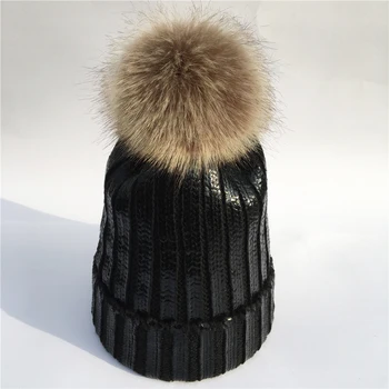 2020 Iarna Metalice Tricotate 13CM Pompom Beanie Hat pentru Femei de Moda Faux Blana Pom Pom Bronz Cald Tricot Pălării Fete Căciuli Capace