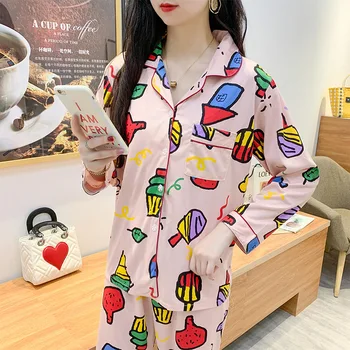 Femei Pijamale Primăvara și Toamna Noi Cardigan Casual coreean Uzura Acasă Set de Două Piese Maneca Lunga Lapte Pijamale de Mătase