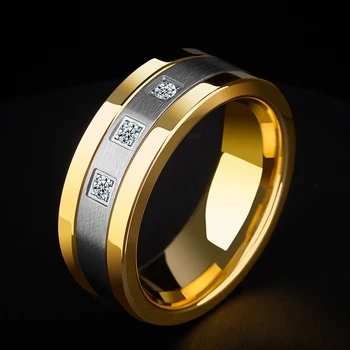 Noul Design 8mm Tungsten Inele Pentru Bărbați Placare cu Aur verighete Două Ton 3 CZ Piatra Promisiunea de Căsătorie Dimensiune 7-11 pentru Mireasa