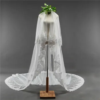 Voal de mireasa Lung de 3,5 M, cu Două Straturi Marginea Dantelă Voal de Mireasa cu Pieptene pentru Tule Mariage Accesorii de Nunta