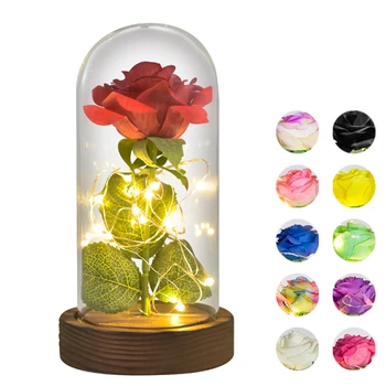 Rosu/ Alb/ Negru Veșnică Floare Trandafir În Cupolă de Sticlă cu Lumină LED-uri de Bază de Lemn de Valentine Cadouri de Craciun pentru Femei