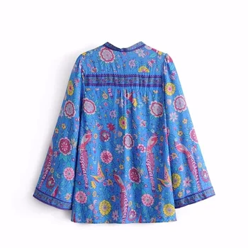 Vintage chic happie Femei păun florale imprimare cu mâneci lungi Boem tricou doamnelor liber raionul botton Boho bluza, tricouri