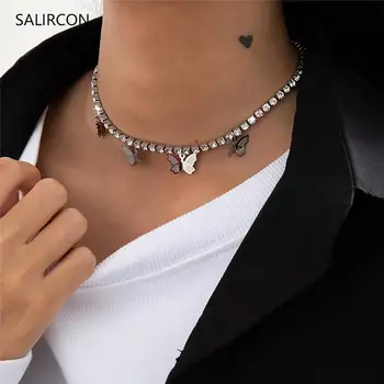 Salircon Kpop Stras Fluture Pandantive Cravată Colier Estetice din Oțel Inoxidabil de Tenis Lanț Colier pentru Femei Bijuterii